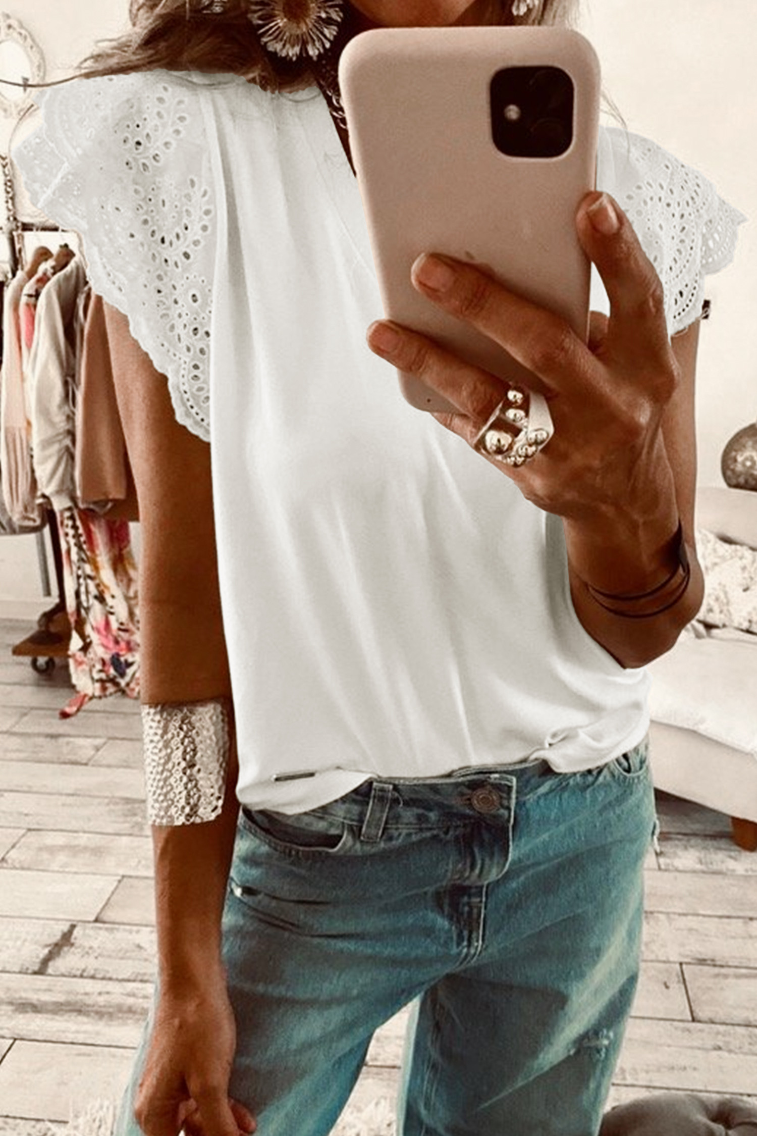 White Eyelet Embroidered Flutter Sleeve Patchwork V Neck Tee