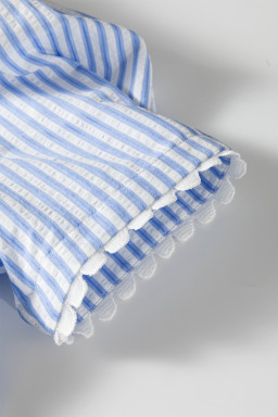 Sky Blue Stripe Ricrac Trim Short Puff Sleeve Leopard Patchwork Collar V Neck Blouse