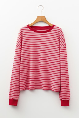 Pink Stripe Textured Round Neck Drop Shoulder Long Sleeve T Shirt