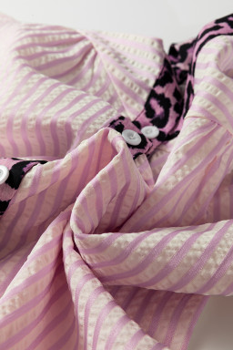 Pink Stripe Leopard Patchwork Long Sleeve Shirt