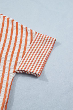 Brown Stripe Pinched V Neck Turn-up Cuffs Shift Mini Dress