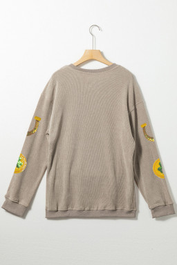 Khaki Sequin Horseshoe Mardi Gras Graphic Corded Ribbed Baggy Sweatshirt