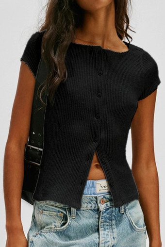 Top de màniga curta amb botons i punt de punt acanalat de color sòlid negre