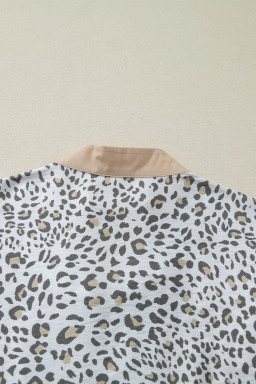 White Leopard Printed Color Block Patchwork V Neck Cap Sleeve Blouse