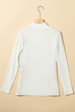 White Ribbed Knit High Neck Long Sleeve Top