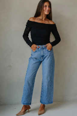 Black Floral Lace Off-shoulder Long Sleeve Slim Top