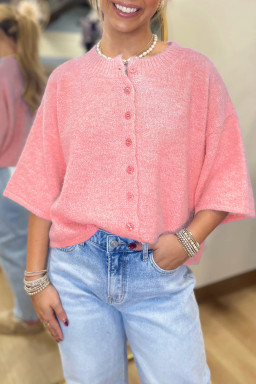 Peach Blossom 3/4 Sleeve Boxy Knit Button Down Sweater Cardigan