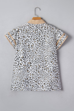 White Leopard Printed Color Block Patchwork V Neck Cap Sleeve Blouse