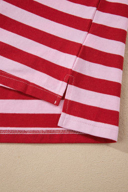 Pink Stripe Split V Neck Casual T Shirt