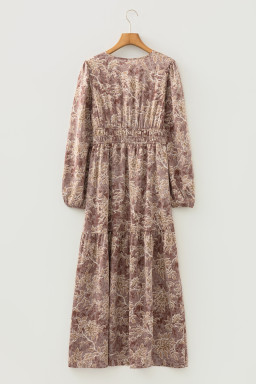 Brown Floral Print Smocked High Waist Long Sleeve Maxi Dress