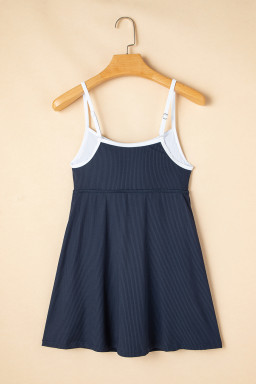Navy Blue Color Block Edge Ribbed Pocketed Lined Swim Dress