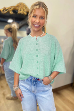 Moonlight Jade 3/4 Sleeve Boxy Knit Button Down Sweater Cardigan