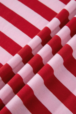 Pink Stripe Split V Neck Casual T Shirt