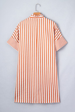 Brown Stripe Pinched V Neck Turn-up Cuffs Shift Mini Dress