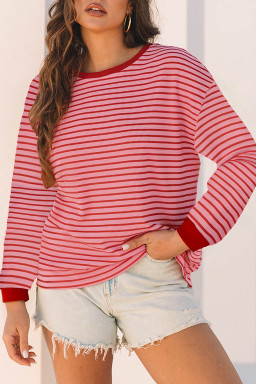 Pink Stripe Textured Round Neck Drop Shoulder Long Sleeve T Shirt