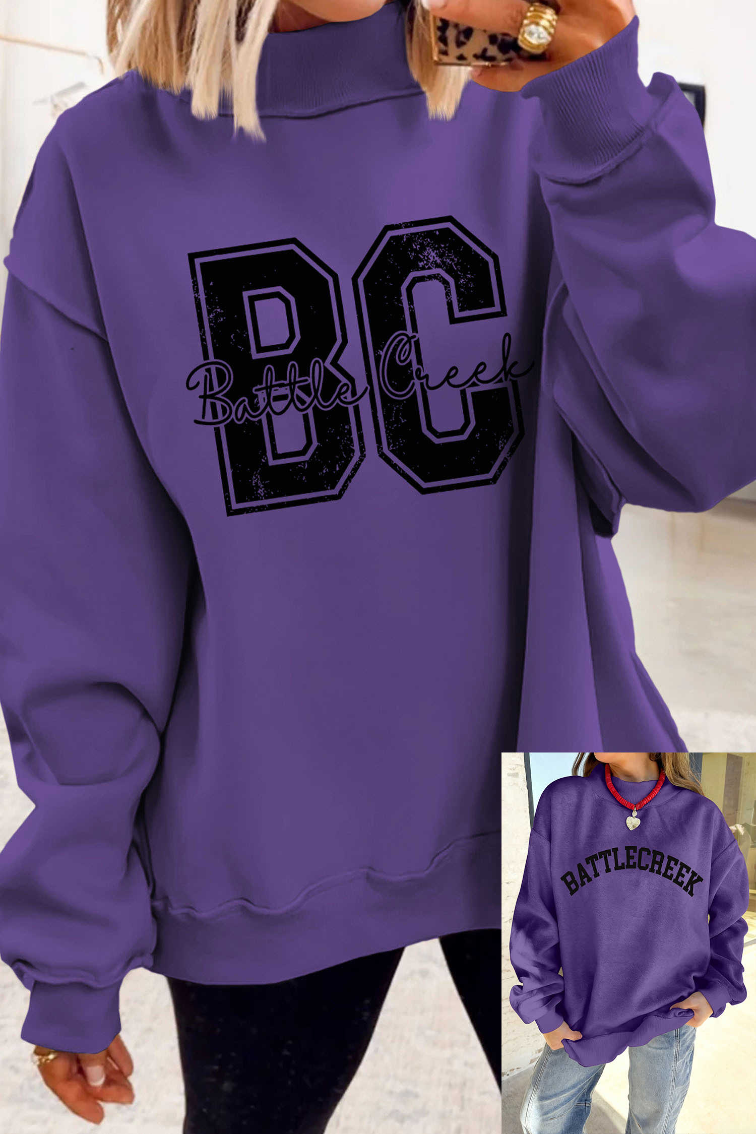 Tillandsia Purple BATTLECREEK Double Side Printed Mock Neck Reversible Sweatshirt