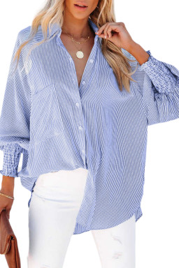 Blue Stripe Striped Casual Shirred Cuffs Shirt
