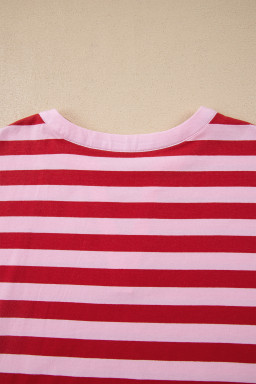 Pink Stripe Split V Neck Casual T Shirt