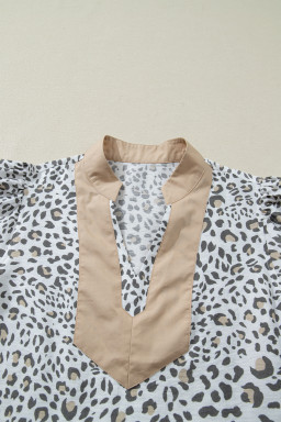 White Leopard Printed Color Block Patchwork V Neck Cap Sleeve Blouse