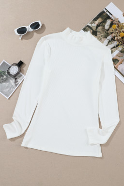 White Ribbed Knit High Neck Long Sleeve Top