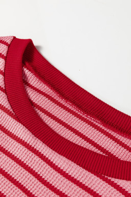 Pink Stripe Textured Round Neck Drop Shoulder Long Sleeve T Shirt