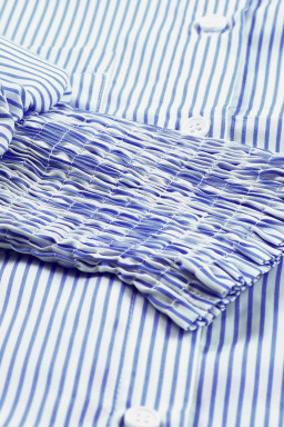 Blue Stripe Striped Casual Shirred Cuffs Shirt