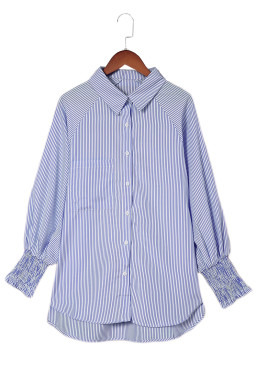 Blue Stripe Striped Casual Shirred Cuffs Shirt