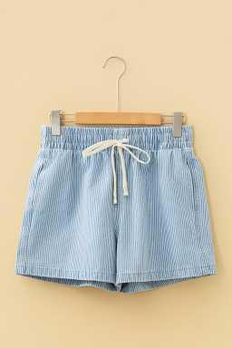 Sky Blue Stripe Drawstring Elastic Waist Casual Denim Shorts