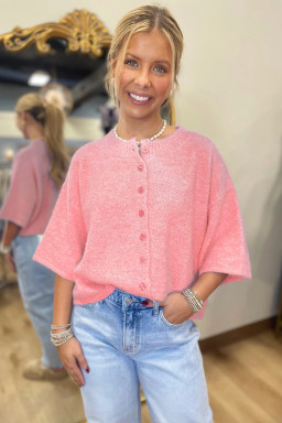 Peach Blossom 3/4 Sleeve Boxy Knit Button Down Sweater Cardigan