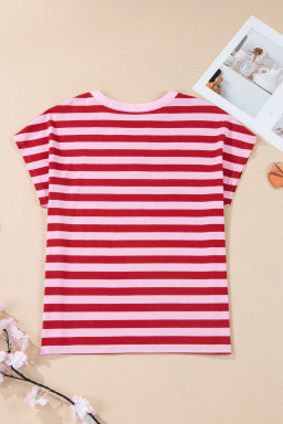 Pink Stripe Split V Neck Casual T Shirt
