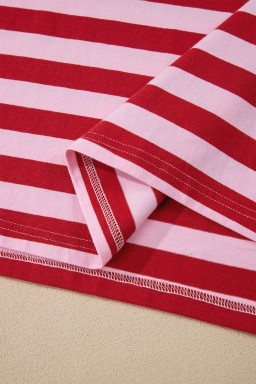 Pink Stripe Split V Neck Casual T Shirt
