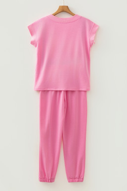 Bonbon Solid Color V Neck Tee Drawstring Pant Set