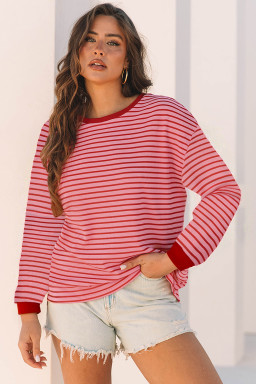Pink Stripe Textured Round Neck Drop Shoulder Long Sleeve T Shirt