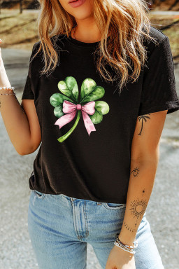 Black Cute Bow Knot Clover Printed Womens Casual Tee