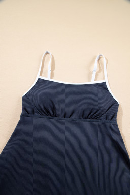 Navy Blue Color Block Edge Ribbed Pocketed Lined Swim Dress