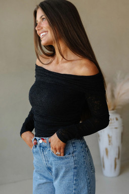Black Floral Lace Off-shoulder Long Sleeve Slim Top