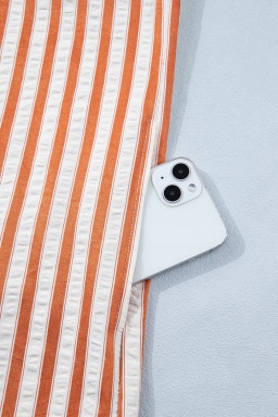 Brown Stripe Pinched V Neck Turn-up Cuffs Shift Mini Dress