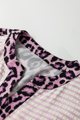 Pink Stripe Leopard Patchwork Long Sleeve Shirt