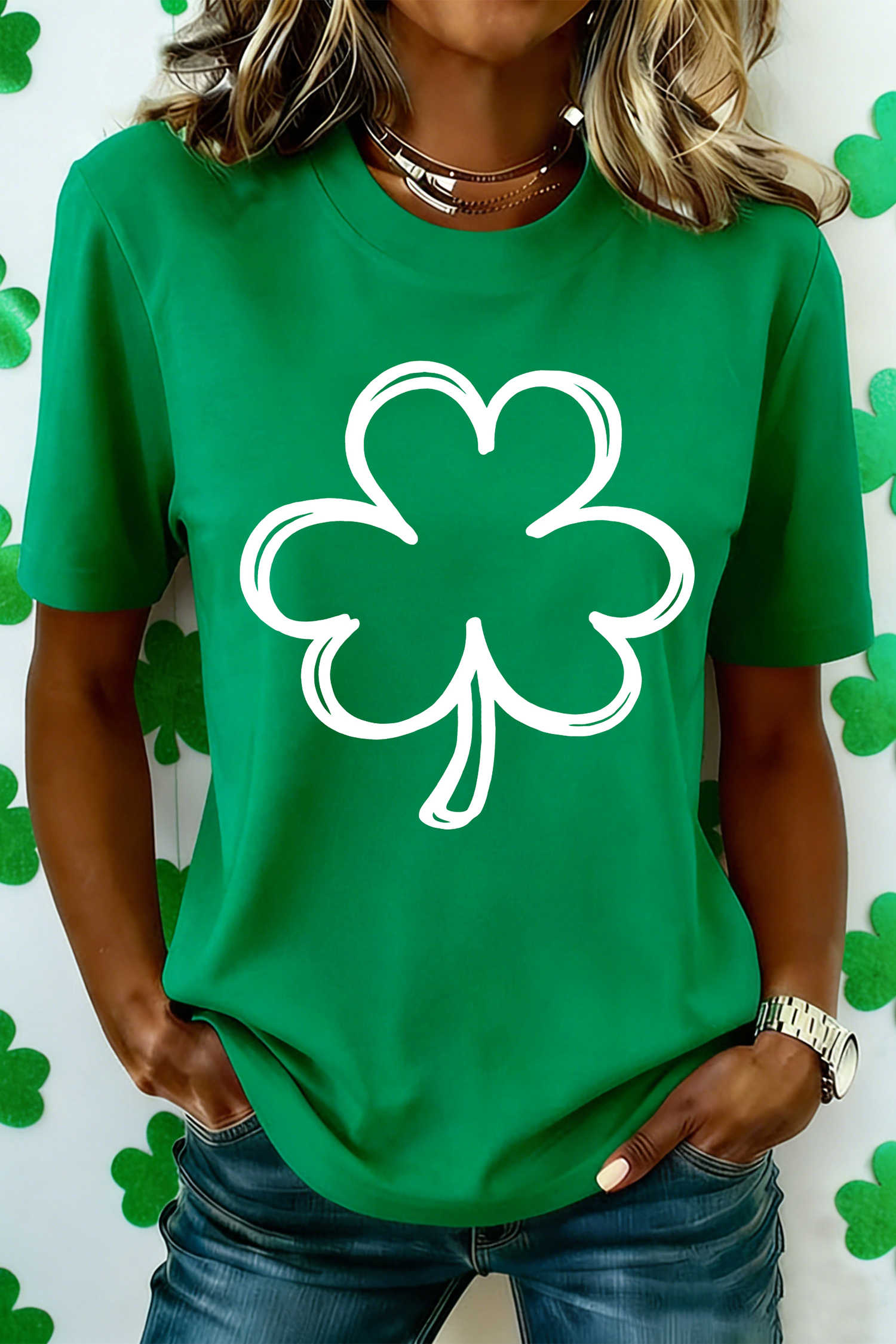 Bright Green St Patricks Day Lucky Shamrock Printed Casual Tee