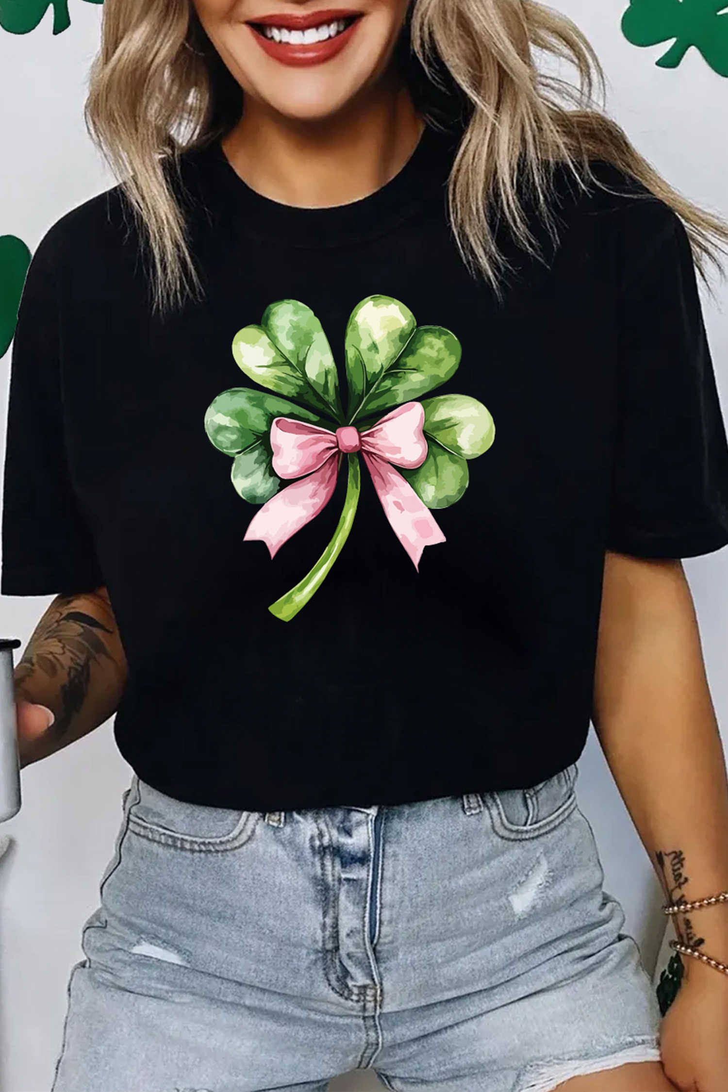 Black Cute Bow Knot Clover Printed Womens Casual Tee