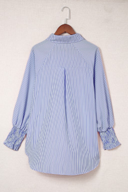 Blue Stripe Striped Casual Shirred Cuffs Shirt