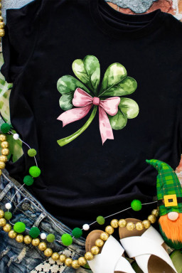 Black Cute Bow Knot Clover Printed Womens Casual Tee