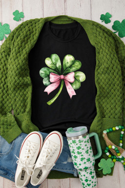 Black Cute Bow Knot Clover Printed Womens Casual Tee