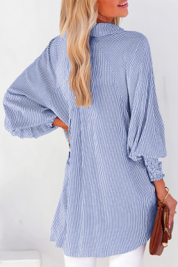 Blue Stripe Striped Casual Shirred Cuffs Shirt