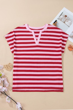 Pink Stripe Split V Neck Casual T Shirt