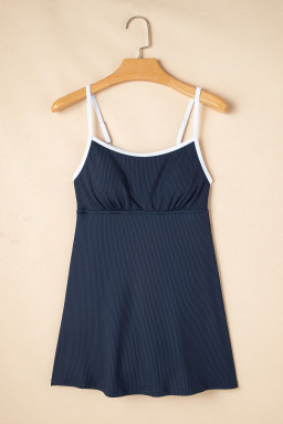 Navy Blue Color Block Edge Ribbed Pocketed Lined Swim Dress