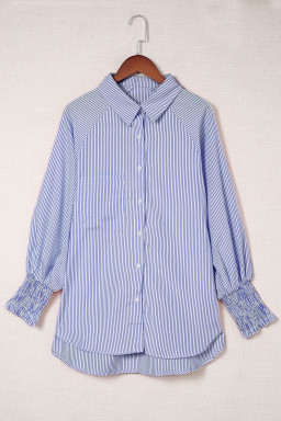 Blue Stripe Striped Casual Shirred Cuffs Shirt