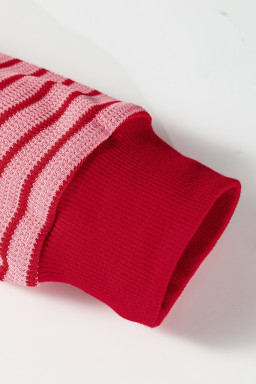 Pink Stripe Textured Round Neck Drop Shoulder Long Sleeve T Shirt