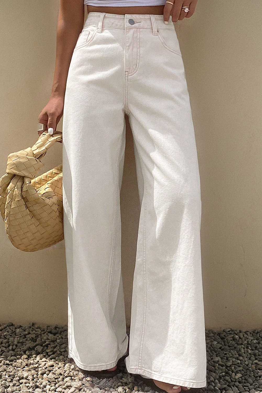 White Solid Color Loose Casual Jeans