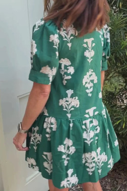 Green Frilled V Neck Puff Short Sleeve Floral Mini Dress